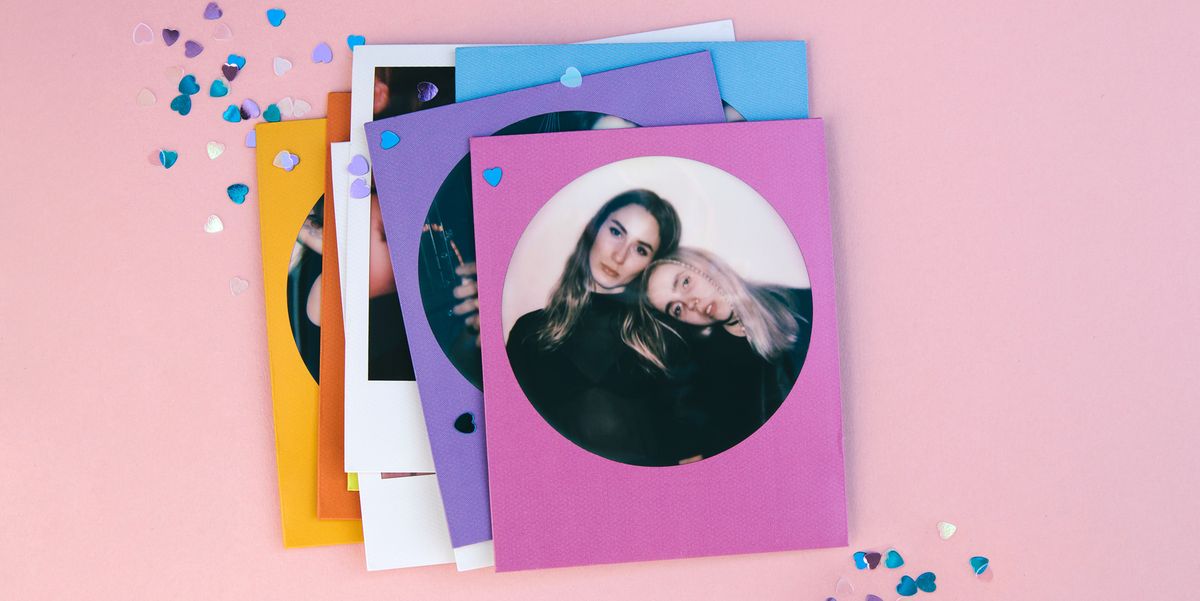 polaroid photos of friends with confetti