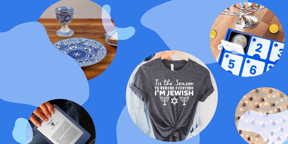 best hanukkah gifts including shirts, kindles, beer advent calendars, string lights, and 
spode judaica menorahs