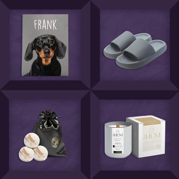 dog portrait, cloud slippers, bonus mom necklace, hum candle, bath bombs